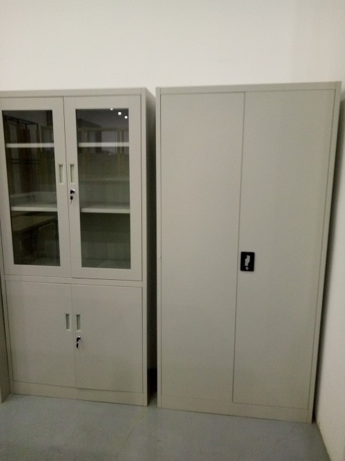 Steel Storage Cabinet with Glass Doors and Lockable Compartments