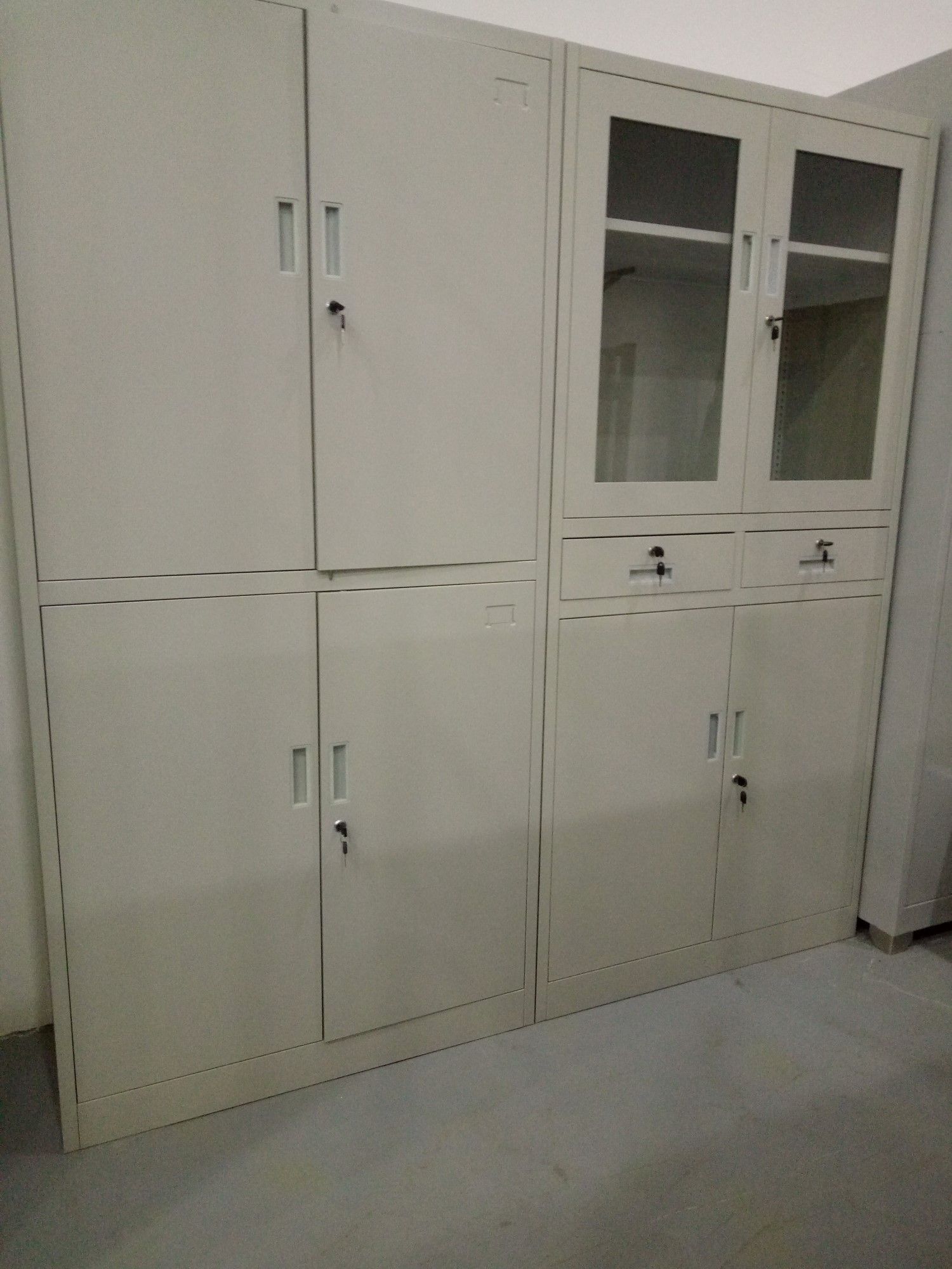 Steel Storage Cabinet with Glass Doors and Lockable Compartments